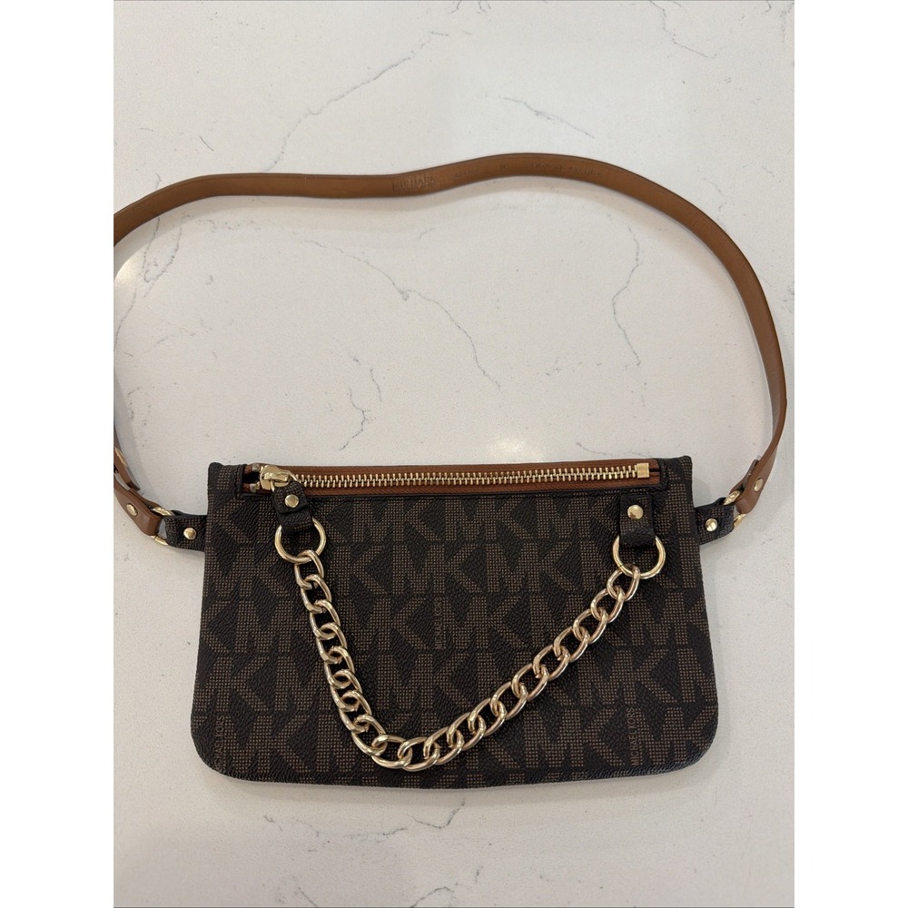 Michael Kors Signature MK Leather Belt Bag  Fanny Pack - Brown/Gold Size M